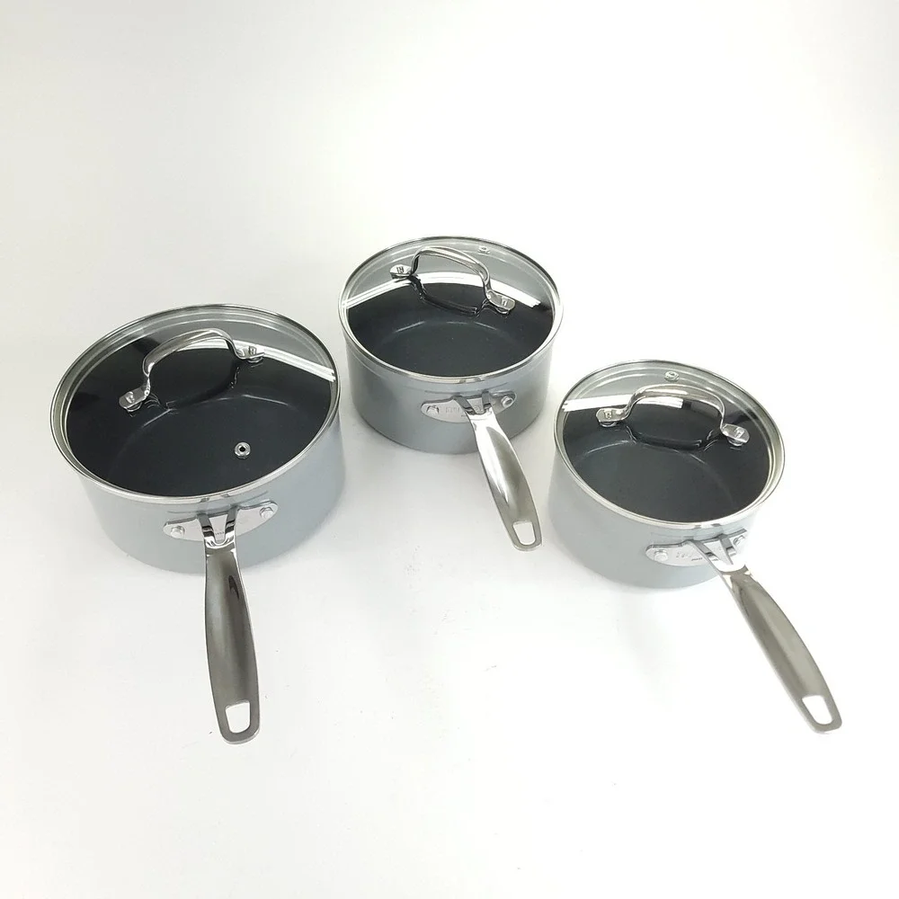 NuWave Duralon 1.5 2 and 3 Qt. Ceramic Non-Stick Sauce Pans with Glass Lids Gray